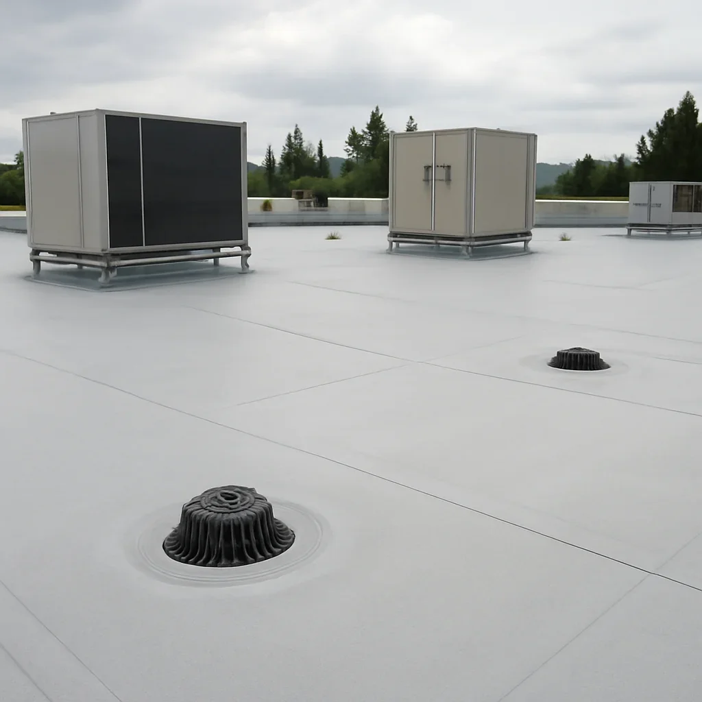 Commercial low-slope roof review around drains and equipment
