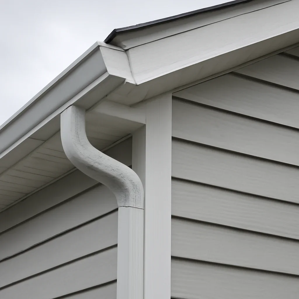 Gutter, fascia and siding details directing rain away from a building